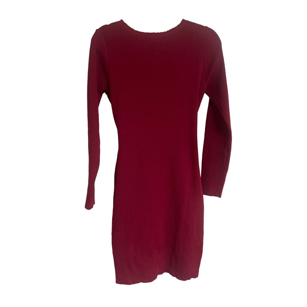 Shein M Burgundy Tie Waist Long Sleeve Scalloped Neckline Sweater Dress